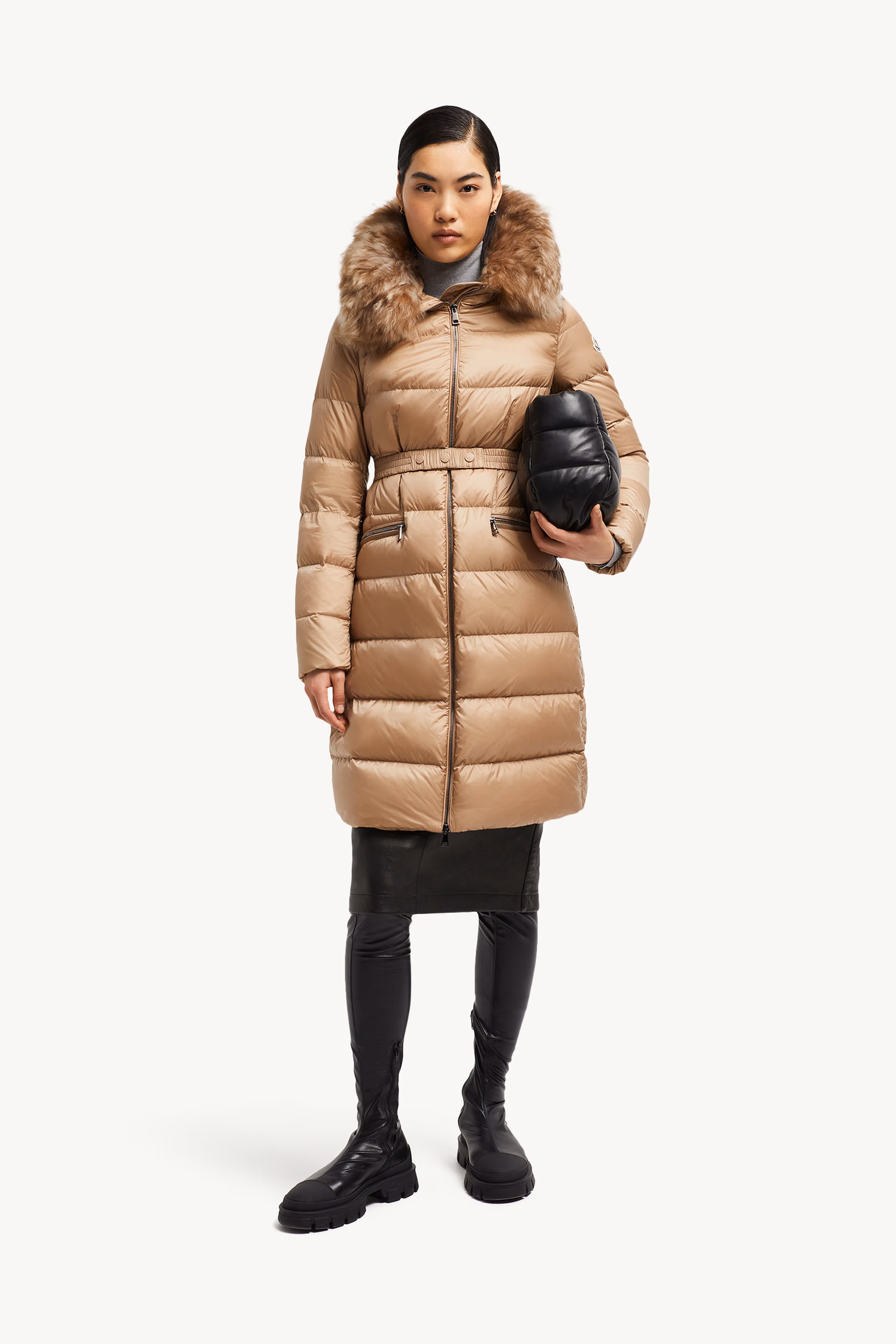 Boedic Hooded Shearling-Trimmed Long Down Jacket Women Camel Beige Moncler 0